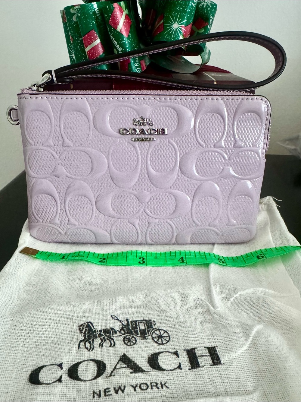 COACH Light Violet Signature Patent Leather Corner Zip Wristlet + Dust Bag
